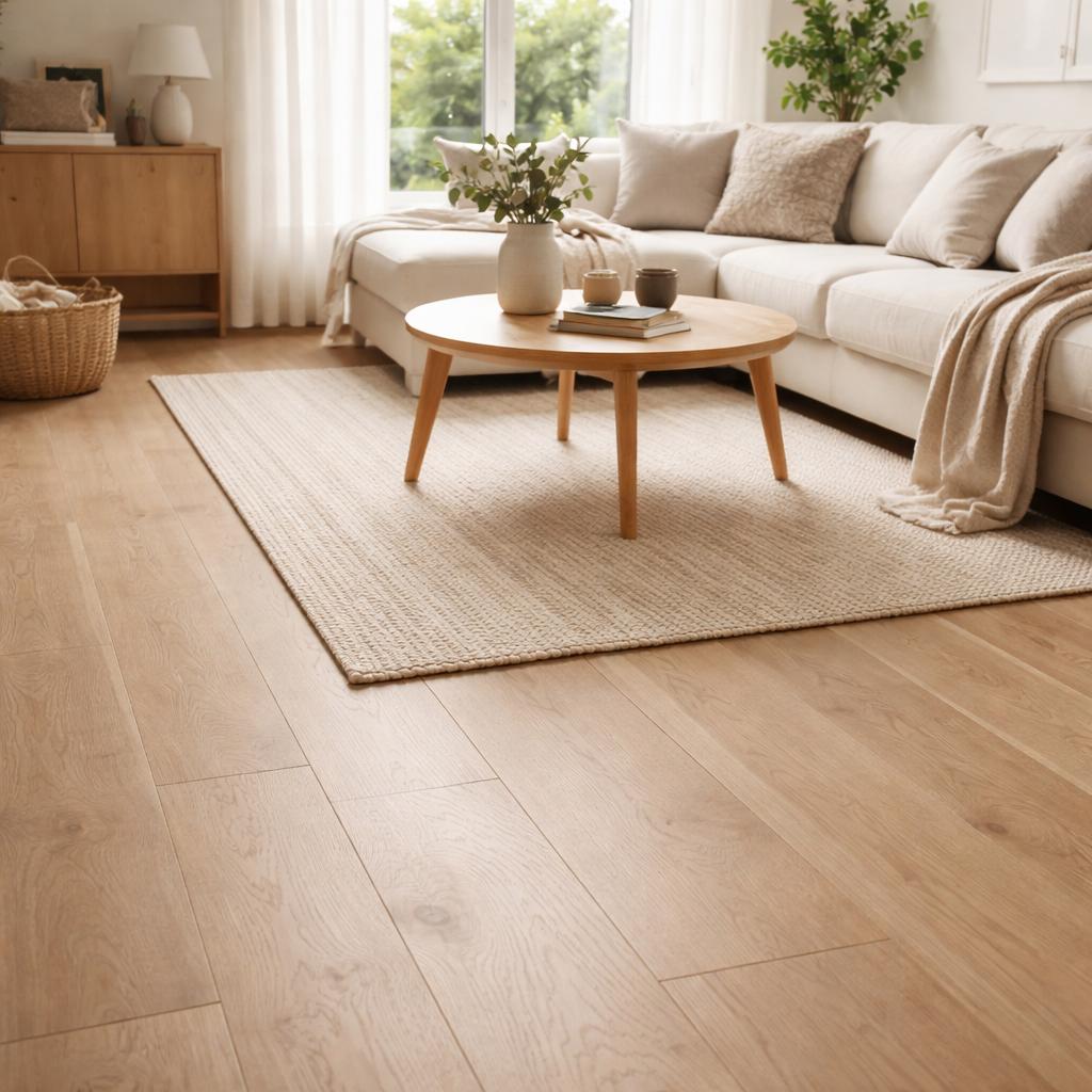 Скандинавский интерьер с светлым деревянным полом в гостиной