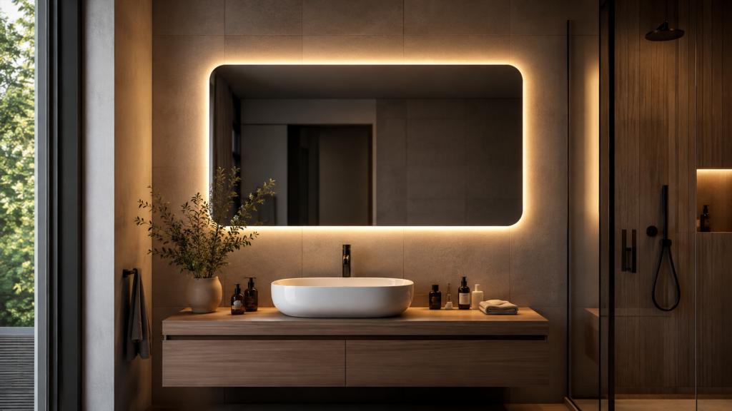 Зеркало с LED‑подсветкой в интерьере ванной комнаты
